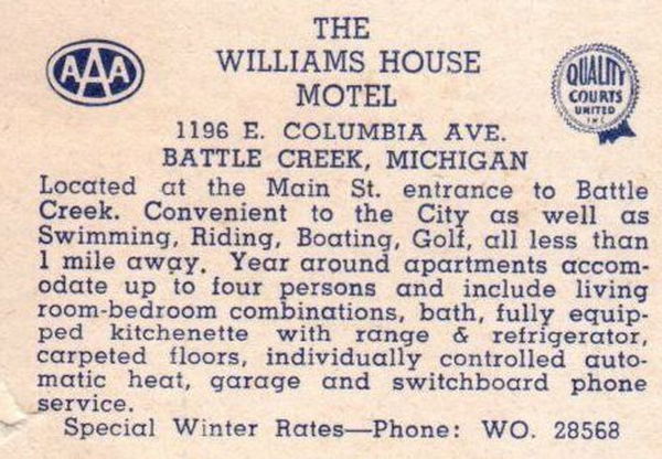 Williams House Motel - Vintage Postcard Back